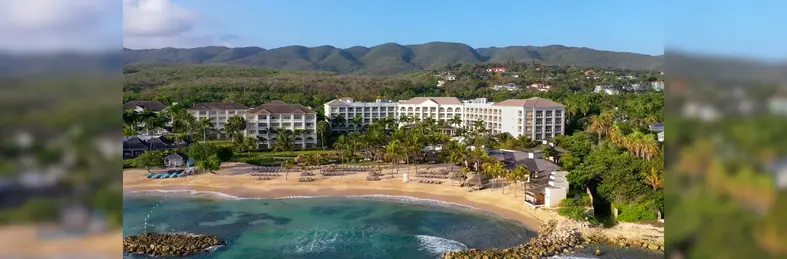 An aerial drone shot of the beachfront area at Hyatt Zilara Rose Hall. 