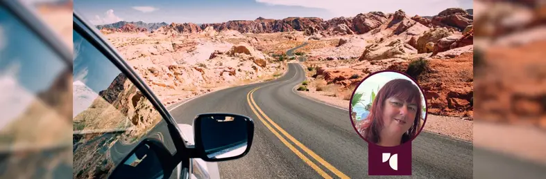 A car driving through Arizona, overlaid with a headshot of Travel Counsellor Joanne Grogan and the Travel Counsellors logo.