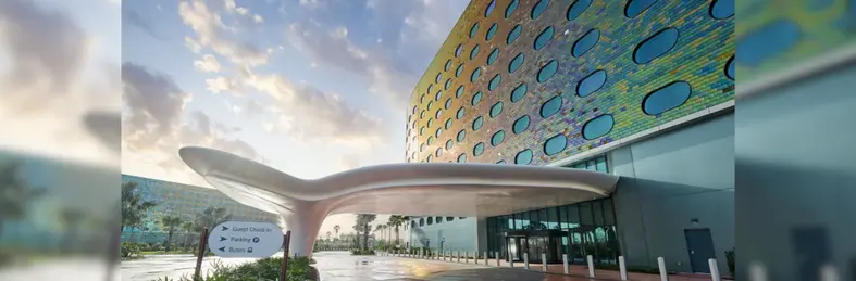 The front entrance to Universal Orlando Resort's Terra Luna Resort.