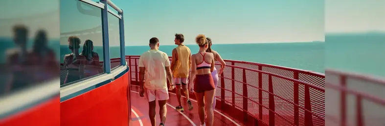 Four runners running on the 'Runway' running track around the edge of a Virgin Voyages ship.