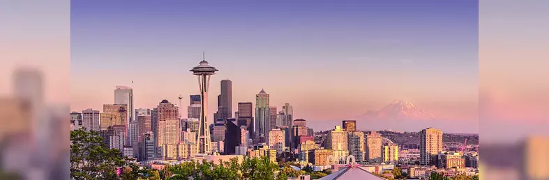 The Seattle skyline against a purple haze sunset.