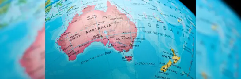 A globe of the Earth focused on Australia and New Zealand. 