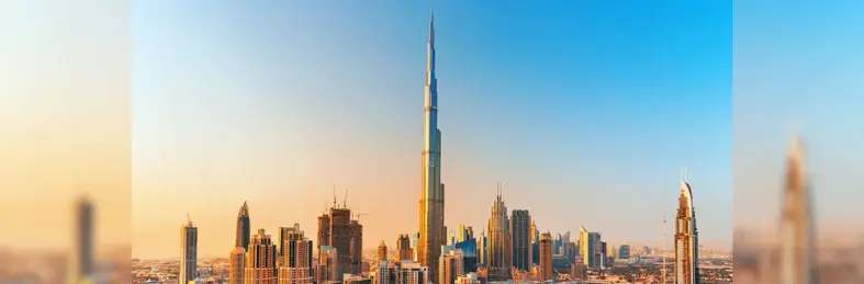 The Dubai skyline in the late afternoon.