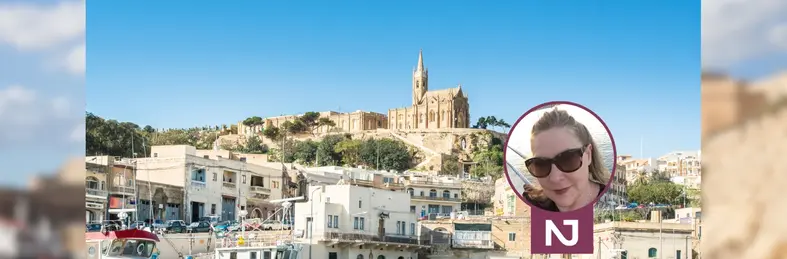 The port of Mgarr on island of Gozo, Malta, overlaid with Donna Rydderch's headshot and the Not Just Travel logo.