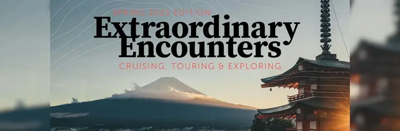 The front cover of Fred. Holidays' Extraordinary Encounters brochure, featuring an image of a traditional Japanese building with Mount Fuji in the background.