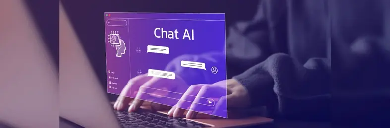 A person typing on a laptop, overlaid with a mockup screenshot of an AI customer service chatbot.