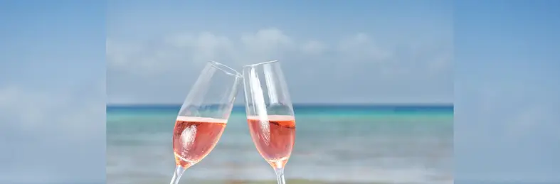 Clinking wine glasses against an ocean backdrop