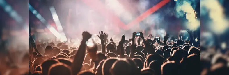 A crowd at a rock concert in an indoor venue.