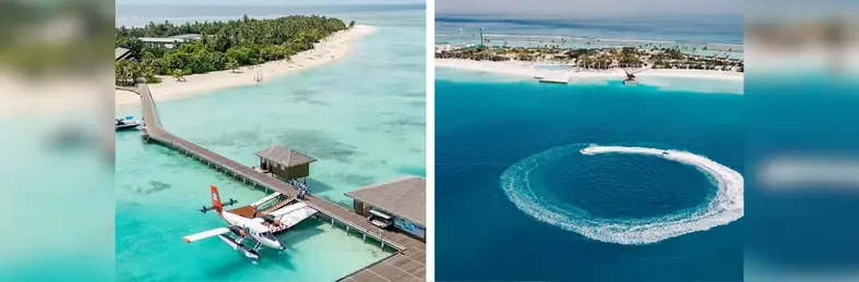 A seaplane parked at Cocoon Maldives and a speedboat doing a circle in the Indian Ocean.