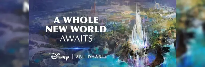 Concept art for the upcoming Disney Abu Dhabi park overlaid with the text 'A Whole New World Awaits'