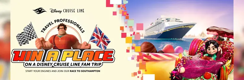 Promotional image of the Disney Cruise Line fam trip incentive with graphics from Wreck-it Ralph
