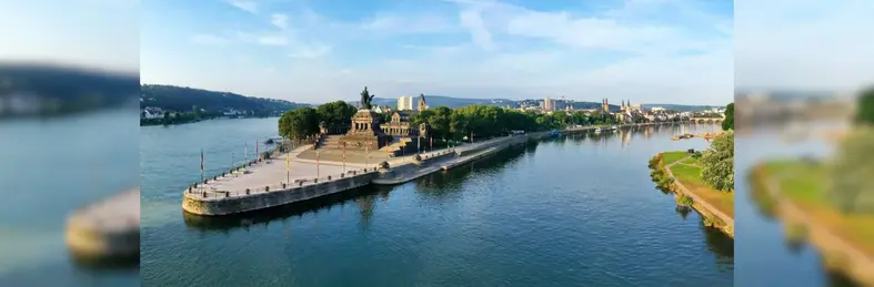 The Deutsches Eck monument in Koblenz, Germany, where the Mosel and Rhine rivers meet.