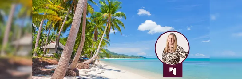 The beach in Koh Samui, Thailand, overlaid with Zoe Palmer's headshot and the Travel Counsellors logo