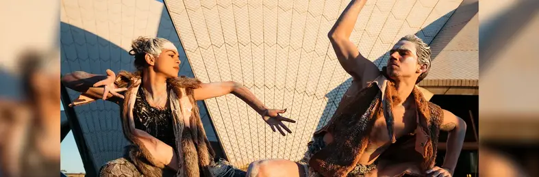 Two dancers from the Bangarra Dance Theatre