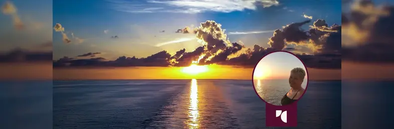 A view of the sunset from the stern of a cruise ship.