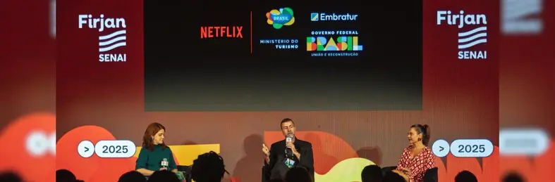 Mariana Polidorio, Director of Public Policies at Netflix Brazil, Marcelo Freixo, president of the Brazilian Tourism Board, and Fernanda Souza, host of Stranded With My Mother-In-Law, during Rio2C