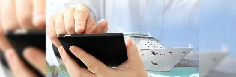 A person in a white shirt using a mobile tablet device, overlaid with an image of a cruise ship sailing away from a port.