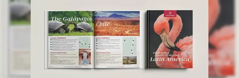 A screengrab of the new Latin America brochure with pages on the Galapagos and Chile with a flamingo on the cover