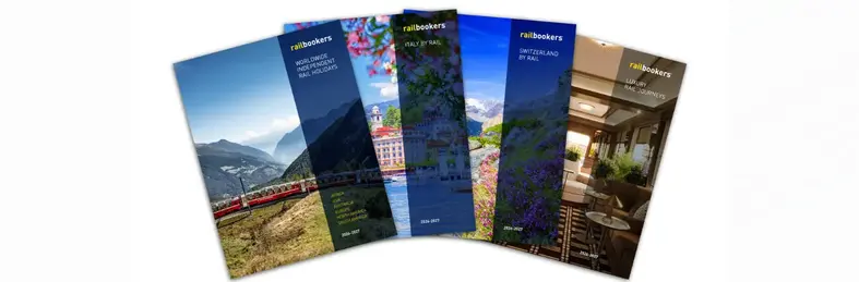 Four of Railbookers' new e-brochures on a white background