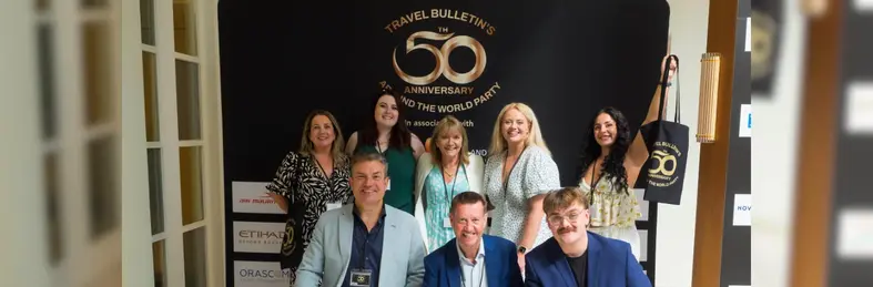 Travel Bulletin staff (Sarah Terry, senior account manager; Leah Kelly, assistant editor; Jeanette Ratcliffe, publisher; Melissa Paddock, events operations manager; Holly Hopkins, events operations co-ordinator; Simon Eddols, sales director; Tim Podger, account manager; and Matt Hayhoe, editor) at the Hurlingham Club for Travel Bulletin's 50th Anniversary Party.