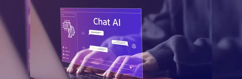 A person's hands typing on an AI chat website, overlaid with a screenshot of said website.
