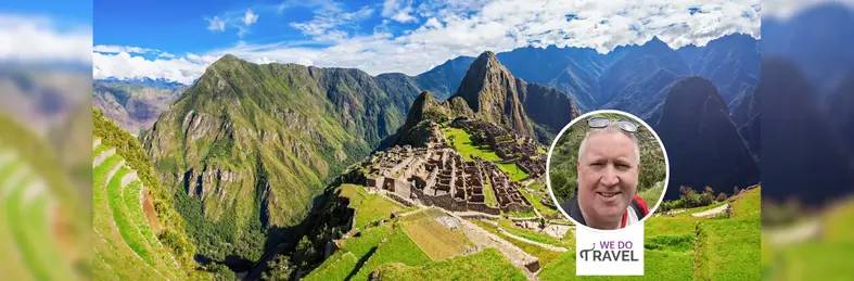 The landscape of Machu Picchu, overlaid with David McKerry's headshot and the We Do Travel logo.