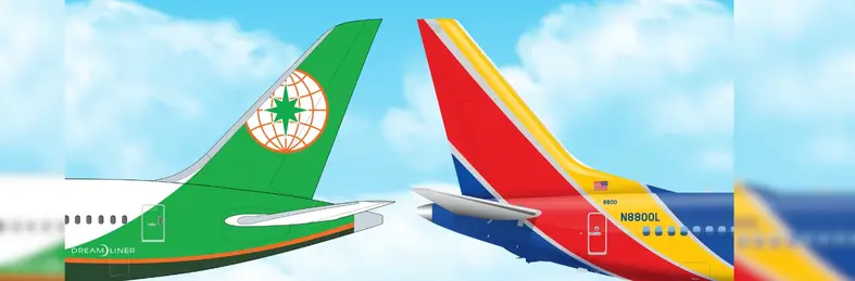 The tails of an EVA Air plane and a Southwest Airlines plane back-to-back.