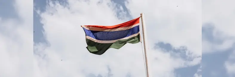 The flag of Gambia waving on a flagpole.