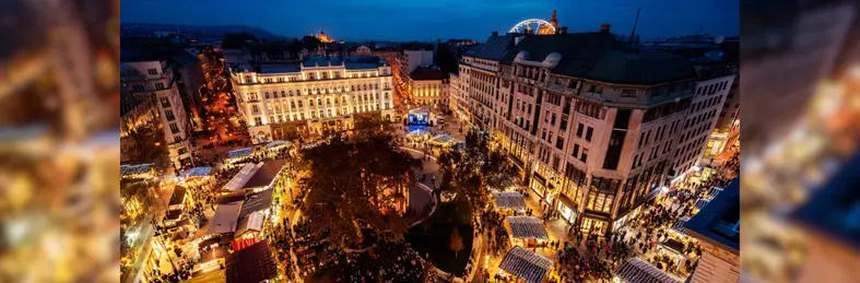 An aerial view of the Christmas Markets in Vörösmarty Square, Budapest.