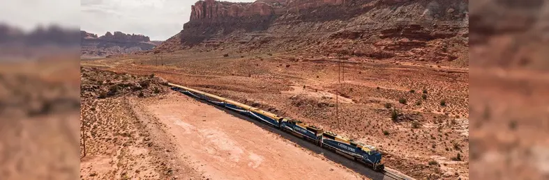 Canyon Spirit, a luxury railway train, driving through Utah.