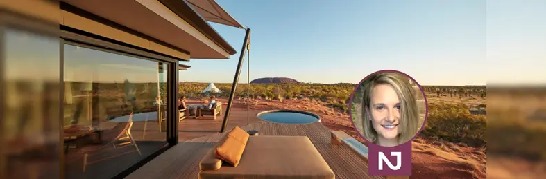 The Longitude 131° resort near Uluru in Australia's Northern Territory, overlaid with Jo O'Connell's headshot and the Not Just Travel logo.