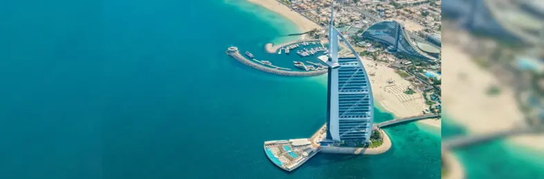 An aerial view of the Burj Al Arab, a skyscraper in Dubai, UAE.