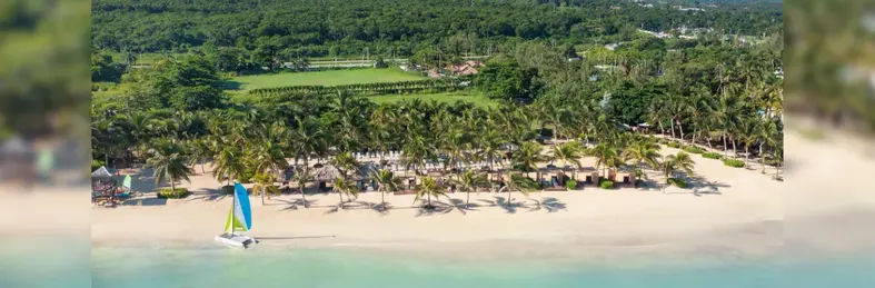 An aerial view of the beachfront area at Dreams Rose Hall Resort & Spa in Montego Bay, Jamaica.