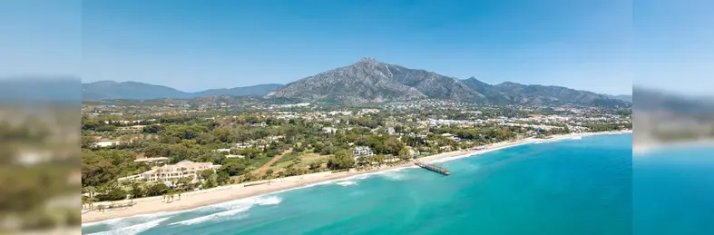 Panoramic aerial view of Casablanca and Puente Romano beaches, Marbella