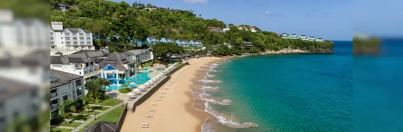 An aerial view of the beachfront area at Sandals Regency La Toc, Saint Lucia.