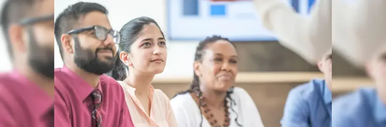 A group of businesspeople watching a pitch in a boardroom.