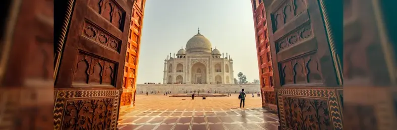 a view of the Taj Mahal, the iconic white marble mausoleum located in Agra, India