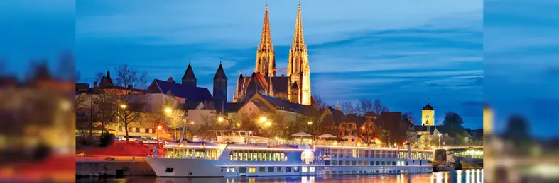 A Trafalgar river cruise ship docked on the Danube river.