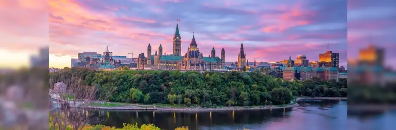 Parliament Hill in Ontario, Canada at sunset.