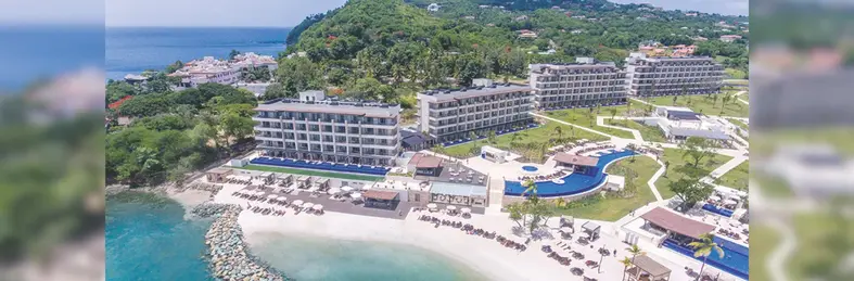 An aerial view of Royalton Hideaway St Lucia's beachfront area.