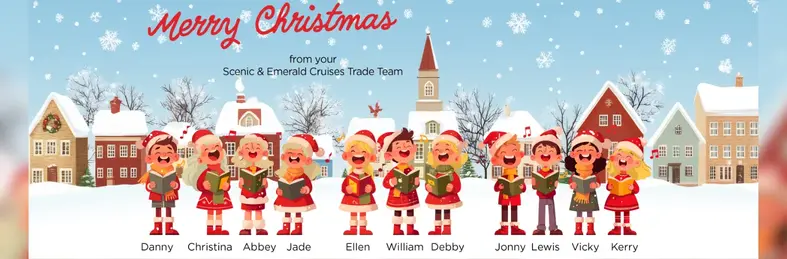 A Christmas banner celebrating Scenic & Emerald's 2025 Christmas giveaway promotion, featuring the brand's trade sales team as elves.