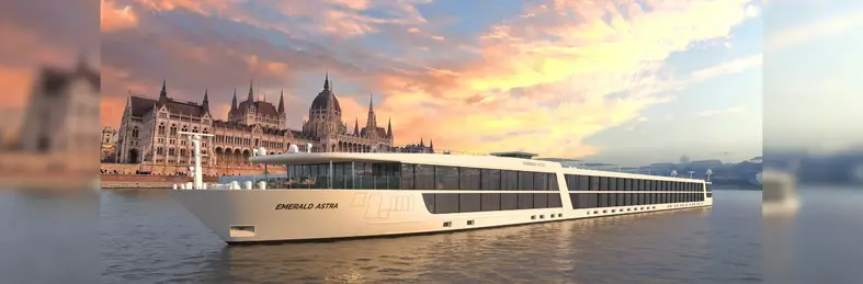 Emerald Astra sailing past the Parliament Building in Budapest, Hungary.