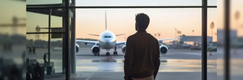 Man looking out of the airport window at a plane