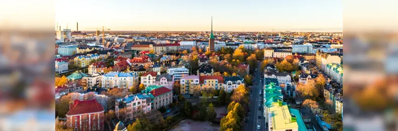 An aerial view of Helsinki, Finland, focused on the city centre's colourful buildings.