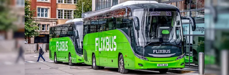 Two FlixBuses en route to London parked at Shudehill Coach Station.