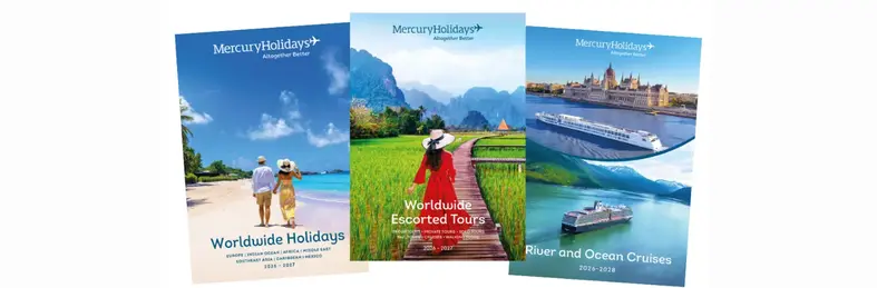The covers of Mercury's Escorted Tours, Beach Holidays and River and Ocean Cruises brochures