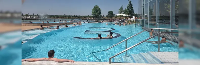 The outdoor thermal pool area at Therme Bucharest. 