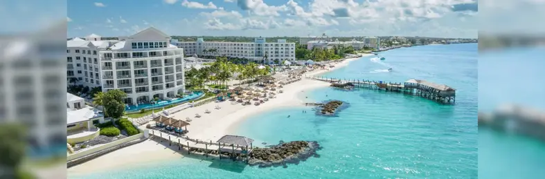 An aerial view of the beachfront area at Sandals Royal Bahamian Spa Resort & Offshore Island.