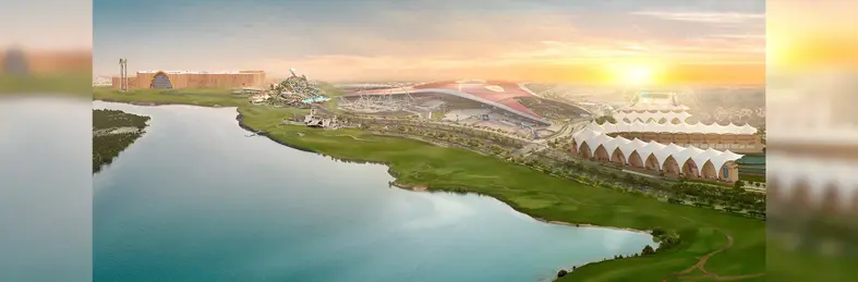 An aerial view of the theme parks in Yas Island Abu Dhabi, a major entertainment and leisure hu
