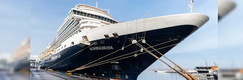 A docked Koningsdam cruise ship ready for the new itineraries